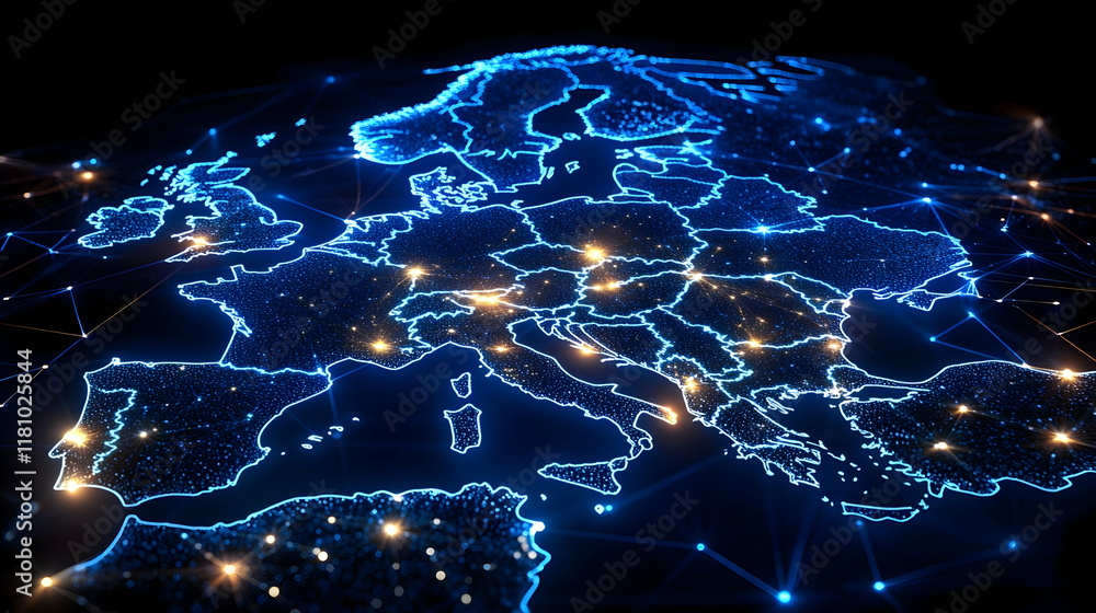 Poster illuminated europe map shows interconnected networks with bright nodes beautifully