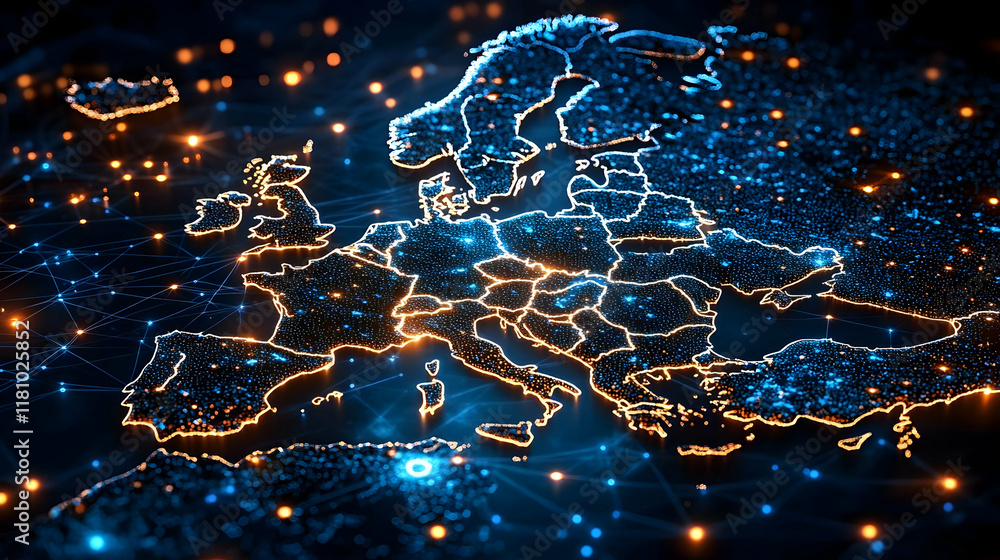 Aufkleber illuminated europe map shows international connections and data flow dynamically.