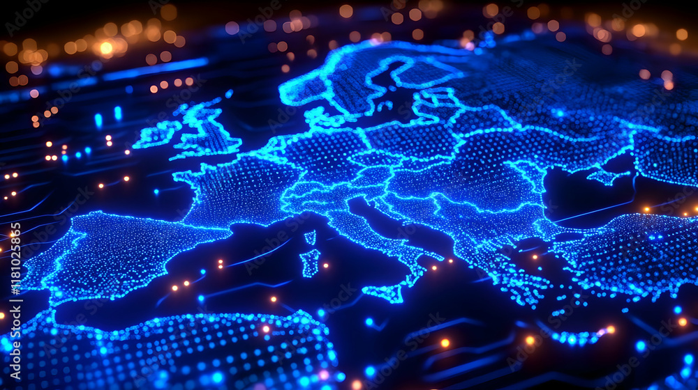 Poster digital europe map shows data flow and connections across the continent with technology