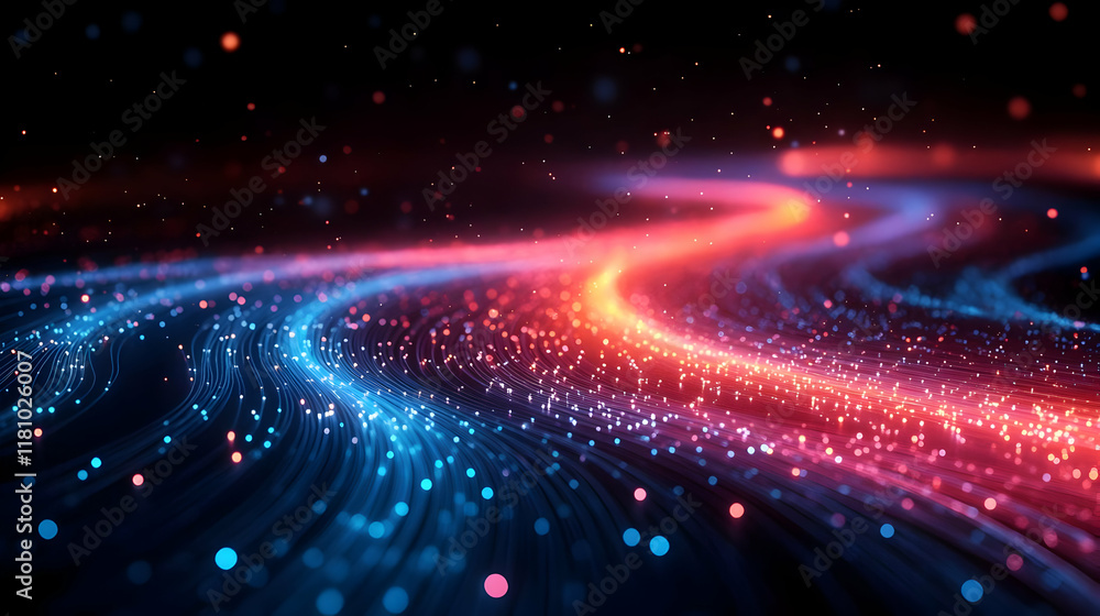 Poster abstract background with glowing lines and particles flowing smoothly in space