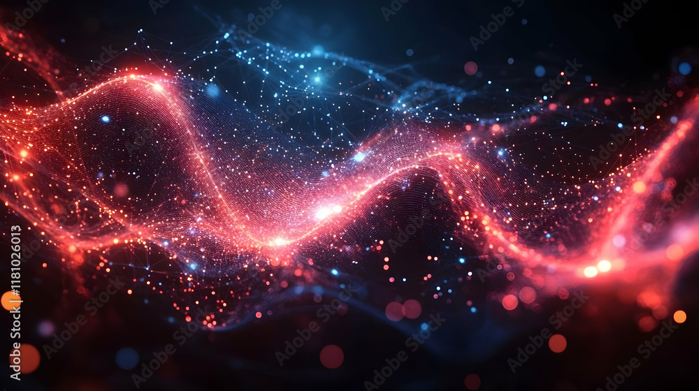 Aufkleber abstract background with wavy lines and glowing particles in red and blue.