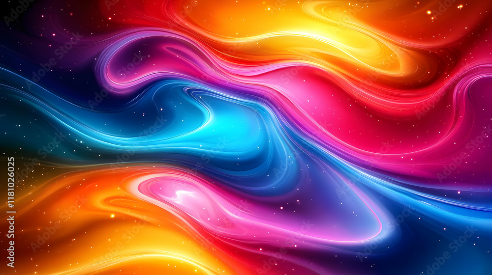 Poster vivid abstract background flows dynamically with colorful waves and sparkling particles