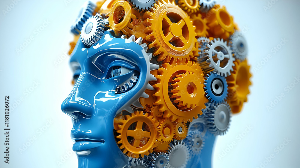 Poster 3d blue head with interlocking gears symbolizing thought process