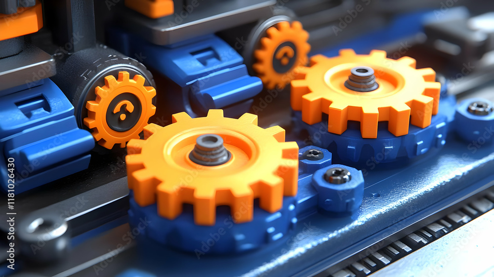 Poster orange and blue gears interlock and rotate smoothly within complex mechanism