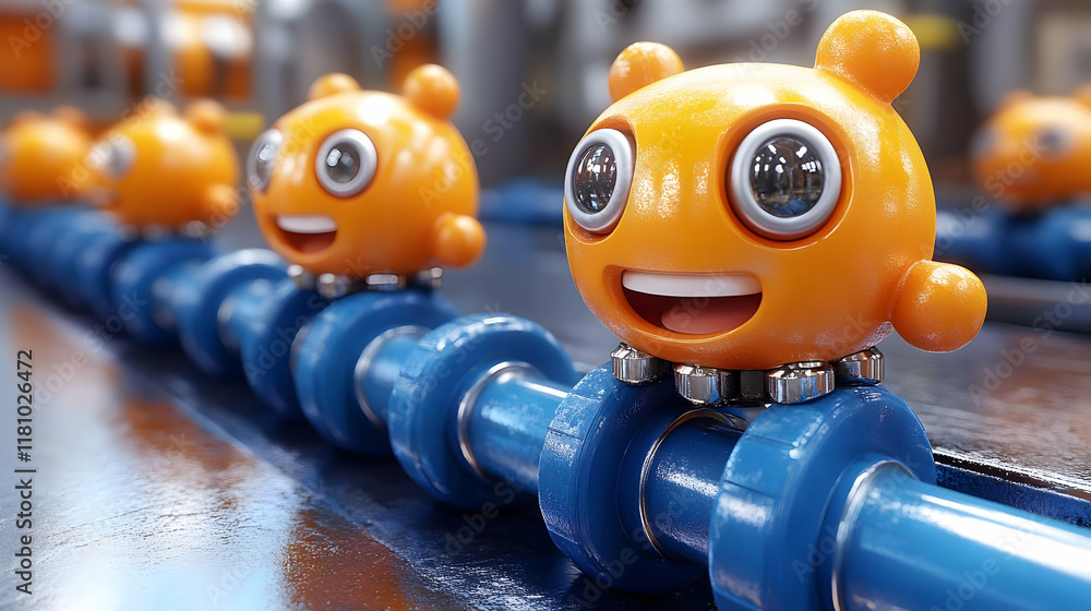 Aufkleber 3d rendered orange smiling robots move along a blue pipe in a factory setting, automation
