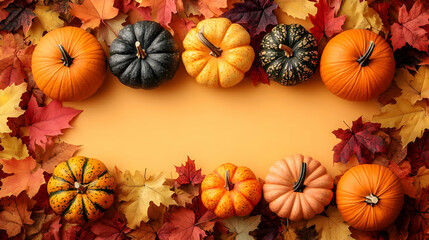 Colorful Pumpkins and Autumn Leaves Frame a Warm Orange Background Beautifully