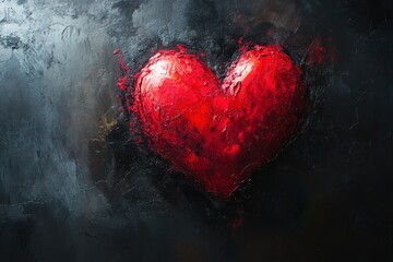 Bright Red Heart on Black Background in Watercolor Style Artwork