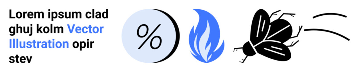 Percent symbol in a blue circle, blue flame icon, flying black insect with motion trails. Ideal for websites, infographics, educational materials, environmental themes, presentations, marketing