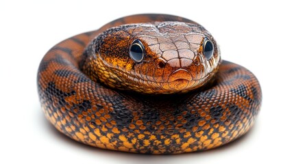 Fototapeta premium Close-up of a curled-up orange and black snake on a white background.