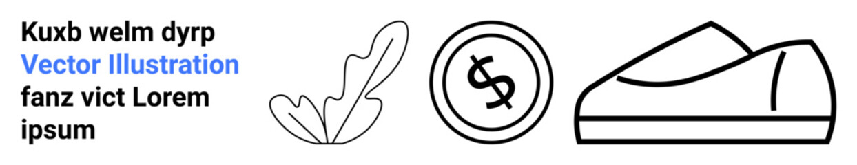 Text, outlined leaf, currency coin, and shoe outline elements. Ideal for web design, minimalistic themes, finance, fashion, e-commerce, branding, marketing, and modern interface design. Landing page