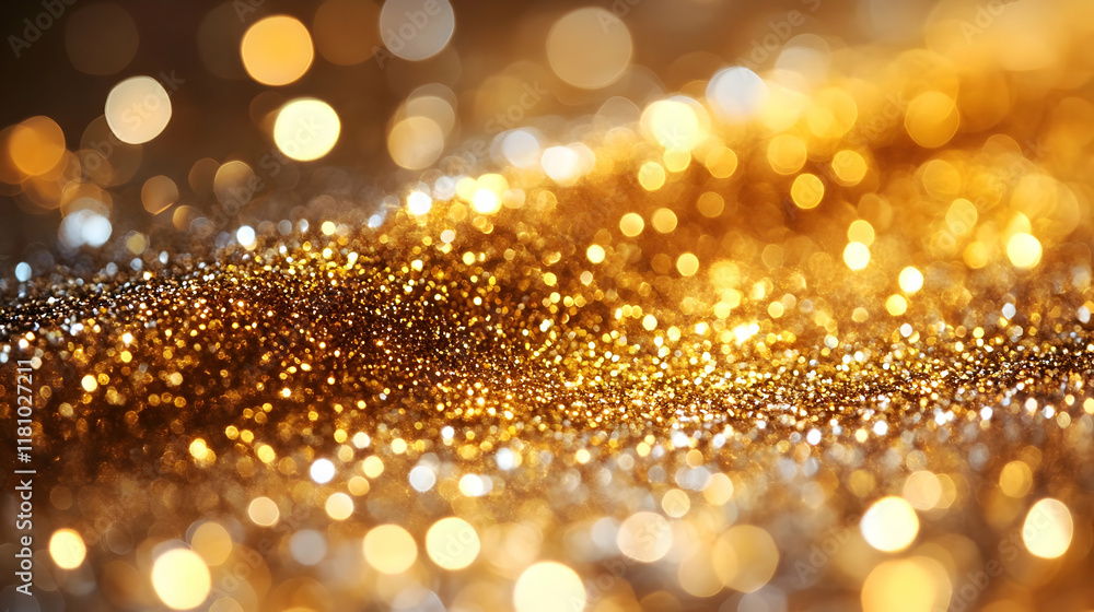 Poster golden glitter texture sparkles and shines brightly, creating an abstract background with festive vi