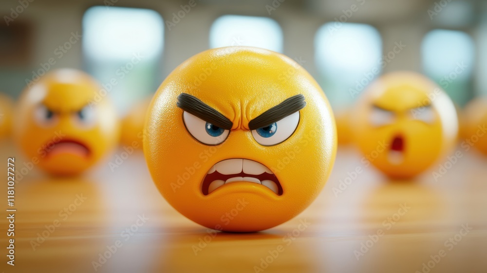 Poster a group of oranges with unique angry faces expressing various emotions in a playful and whimsical st