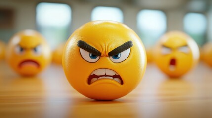 A Group of Oranges with Unique Angry Faces Expressing Various Emotions in a Playful and Whimsical Still Life Composition