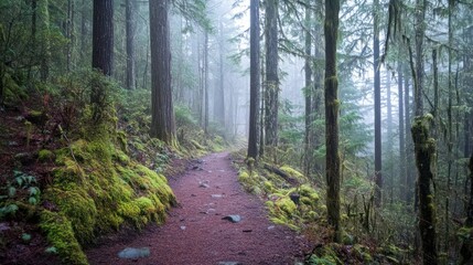 Naklejka premium Ancient Forest Trail Shrouded in Mist with Moss-Covered Trees and Mystical Vibes