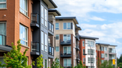 Naklejka premium Modern apartment buildings with balconies and greenery