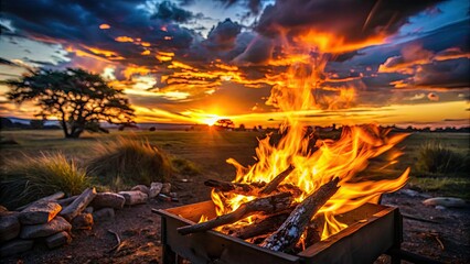 African Sunset Silhouette Braai, Open Fire BBQ, Wilderness, South Africa, Silhouette Photography