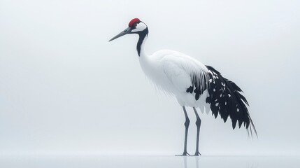 Elegant red-crowned crane standing on white background.