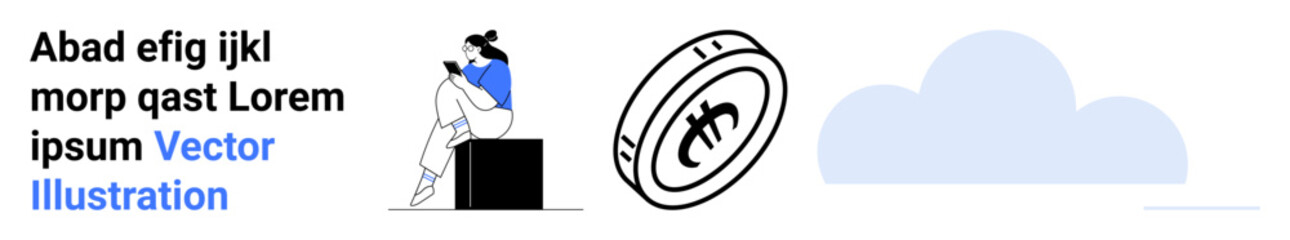 Woman reading, sitting on a block, beside a cryptocurrency coin and a blue cloud. Ideal for finance, technology, online services, education, digital transformation, creative thinking innovation