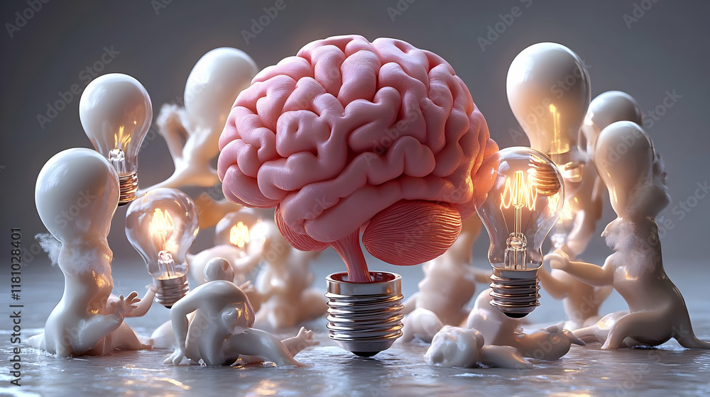 Poster 3d brain connects to lightbulb base, illuminated by bulb-headed figures in surreal scene