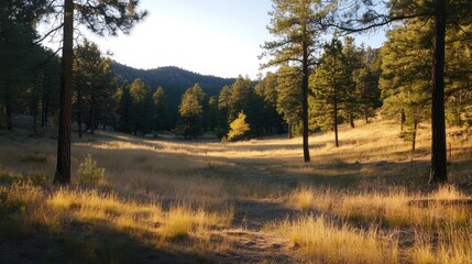 Obraz premium Golden Hour in an Open Forest Clearing with Tall Grasses, Scattered Trees, and Soft Sunlight Casting Long Shadows