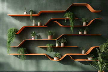 Asymmetrical orange shelves against dark green background with plants and wood elements for remote video calls.