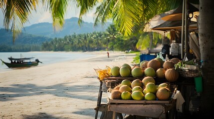 A photo of a street vendor selling fresh coconuts on a sunny beach in Thailand. 