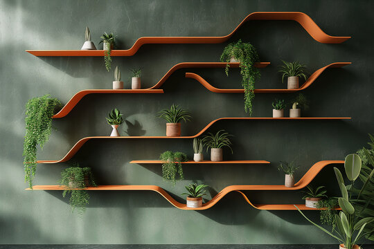 Asymmetrical orange shelves against dark green background with plants and wood elements for remote video calls.