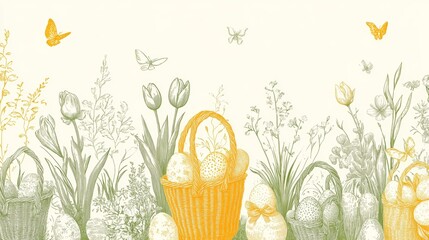 Elegant design featuring tulips and Easter baskets in a delicate cream to pale yellow gradient with subtle line art details suitable for spring celebrations
