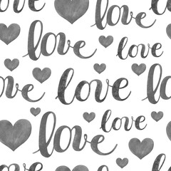 Seamless pattern with watercolor hearts and love inscriptions. Valentine's Day, wedding, holiday.