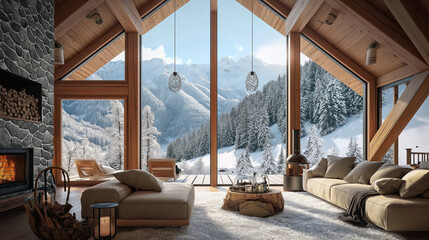 Cozy mountain cabin interior with wooden beams and a stone fireplace, featuring large windows overlooking a snowy landscape. Perfect for virtual meeting backgrounds.