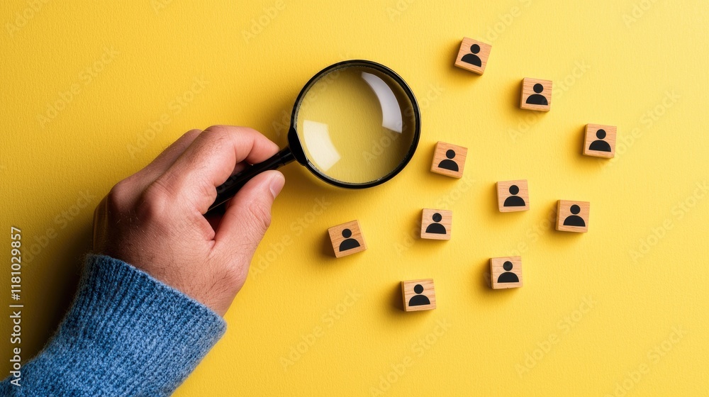 Poster analyzing user profiles with magnifying glass yellow background creative concept close-up view visua