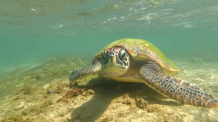 Obraz premium Underwater Encounter: Majestic Sea Turtle in its Ocean Habitat
