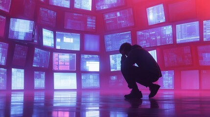 Professional Man in Suit Standing Confidently before a Display Wall of Multiple Television Screens in Modern Office Setting