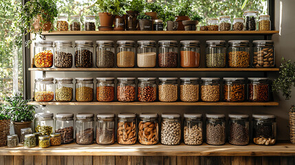 Organized pantry with various spices and nuts in glass jars.