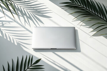 Slim modern laptop placed on a white desk surrounded by tropical palm leaves and shadows