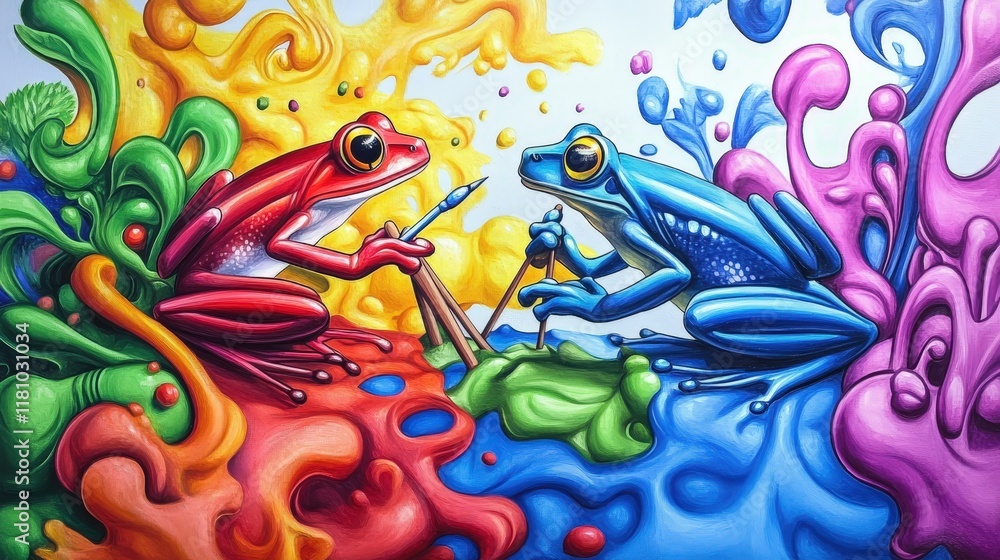 Poster vibrant red and blue frogs engaging in artistic creation with splashes of color