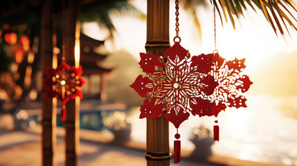 Red Paper Cuttings art hanging on the branches