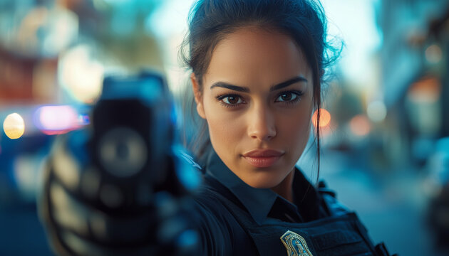 police woman aiming with a stungun