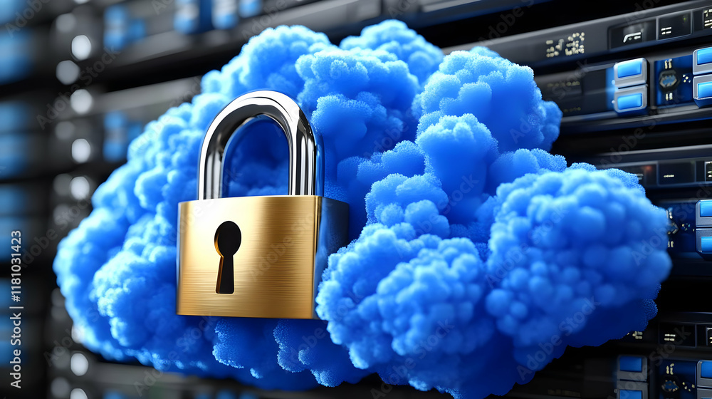 Poster 3d cloud computing security illustration: padlock secures blue cloud data in server room, emphasizin