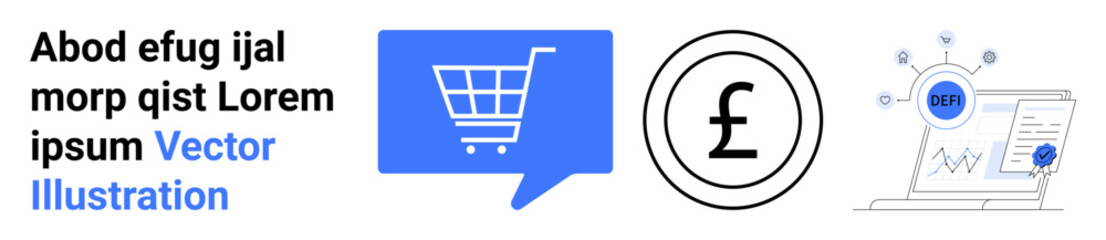 Shopping cart in blue chat bubble, circular currency symbol, and screen with data analytics and currency. Ideal for online shopping, e-commerce platforms, financial services, economic growth