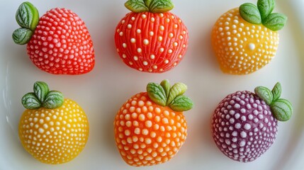 Colorful Fruit Candies Arranged on a White Plate Background.