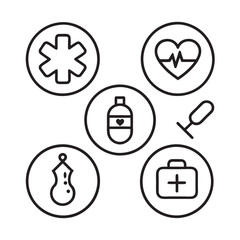 set of medical equipment (heart,bag,medical icon, injection, heart signal, medicine bottle) icon line art vector illustration on white background.