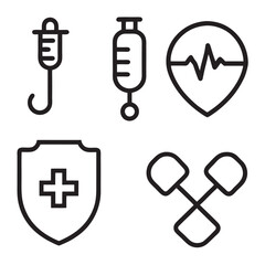 Obraz premium set of medical equipment (heart,bag,medical icon, injection, heart signal, medicine bottle) icon line art vector illustration on white background.