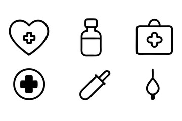 set of medical equipment (heart,bag,medical icon, injection, heart signal, medicine bottle) icon line art vector illustration on white background.