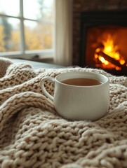 Fototapeta premium Hot cappuccino warming on cozy blanket near fireplace in autumn