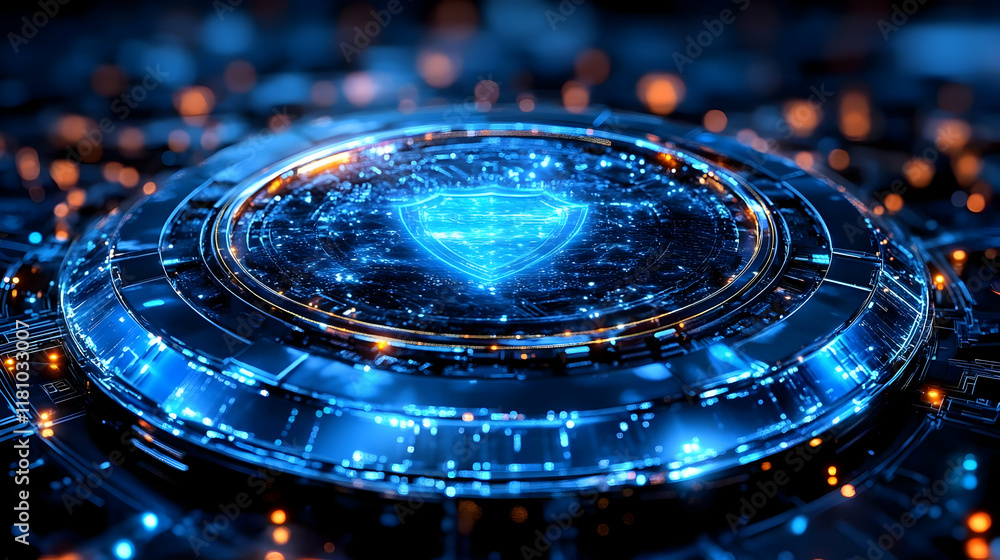 Poster futuristic security system shows shield icon on a circuit board with glowing lights
