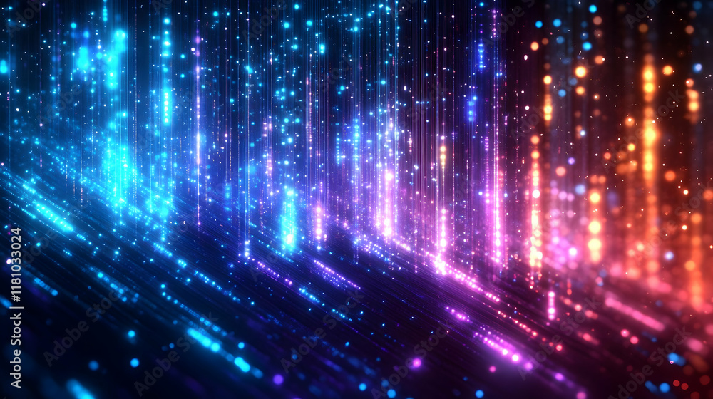 Aufkleber abstract background with glowing neon lights and particles dynamically flowing downward