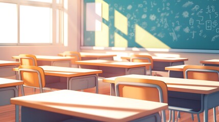 Blurred image of empty modern classroom with wooden desks and chairs, a concept related to education