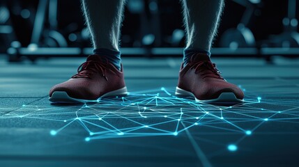 Athletic performance enhancement gym digital interaction fitness environment low angle view data visualization