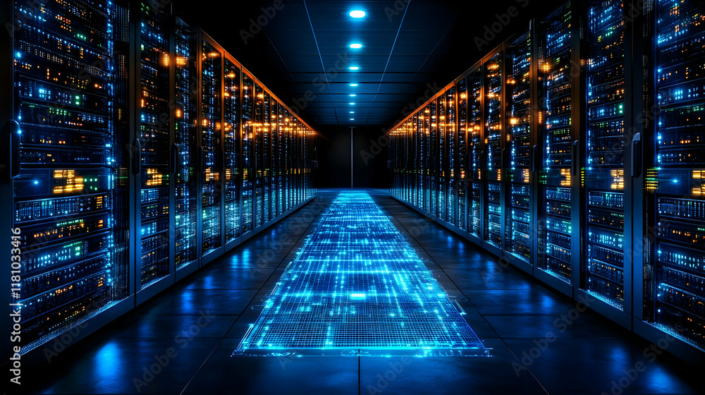 Poster server room lights up with futuristic floor projection in a data center